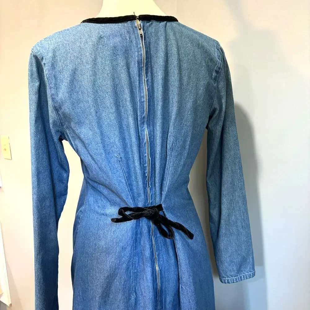 VTG Blue Denim Maxi Dress Long Sleeve Pleated Modest Farm Tradwife, Size 8 - Picture 2 of 7